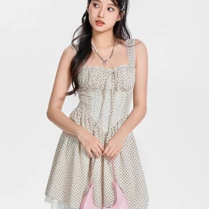 Vintage Polka Dot Suspender Corset Mini Dress - Elegant Sleeveless Lace Trim Strapless Dress