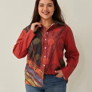 Vintage Print Plus Size Women's Long Sleeve Shirts - 2024 Spring Collection