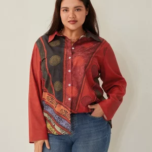 Vintage Print Plus Size Women's Long Sleeve Shirts - 2024 Spring Collection