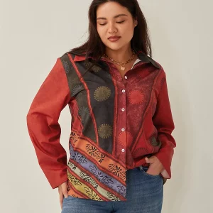 Vintage Print Plus Size Women's Long Sleeve Shirts - 2024 Spring Collection