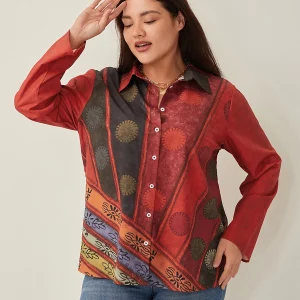 Vintage Print Plus Size Women's Long Sleeve Shirts - 2024 Spring Collection