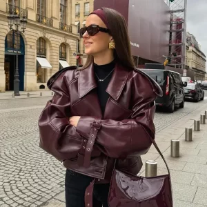 Vintage Red Leather Motorcycle Jacket with Adjustable Cuffs - Women's Spring Streetwear