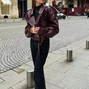 Vintage Red Leather Motorcycle Jacket with Adjustable Cuffs - Women's Spring Streetwear