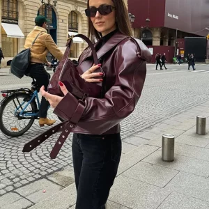 Vintage Red Leather Motorcycle Jacket with Adjustable Cuffs - Women's Spring Streetwear