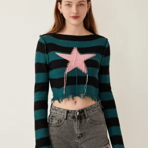 Vintage Star Pattern Knit Cropped Sweater - Women's Retro Round Neck Pullover