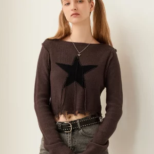 Vintage Star Pattern Knit Cropped Sweater - Women's Retro Round Neck Pullover