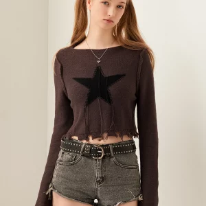 Vintage Star Pattern Knit Cropped Sweater - Women's Retro Round Neck Pullover