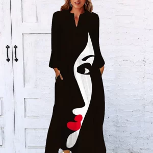 Vintage Style Black V-neck Long Sleeve Dress - Elegant Women's Autumn/Winter Party Wear