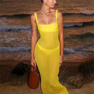 Vintage Summer 2024 Women's Wrap Dress | Elegant Yellow Mesh Sleeveless Club Party Beachwear