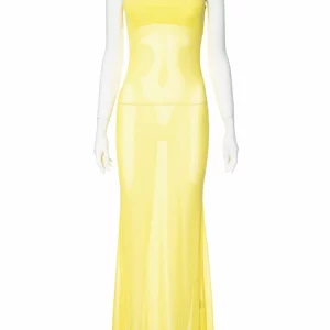 Vintage Summer 2024 Women's Wrap Dress | Elegant Yellow Mesh Sleeveless Club Party Beachwear