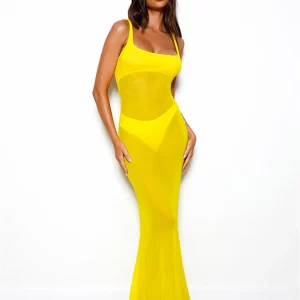 Vintage Summer 2024 Women's Wrap Dress | Elegant Yellow Mesh Sleeveless Club Party Beachwear