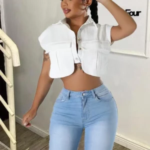 Vintage White T-Shirts Women's Casual 3D Pocket Crop Tops