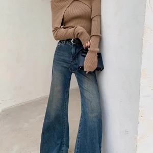 Vintage Wide Leg Blue Flare Jeans for Women - Y2k