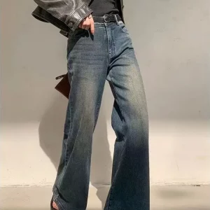 Vintage Wide Leg Blue Flare Jeans for Women - Y2k