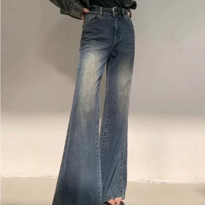 Vintage Wide Leg Blue Flare Jeans for Women - Y2k