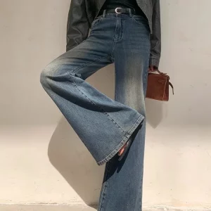 Vintage Wide Leg Blue Flare Jeans for Women - Y2k