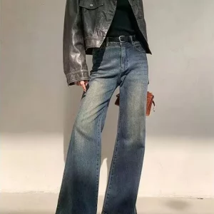 Vintage Wide Leg Blue Flare Jeans for Women - Y2k