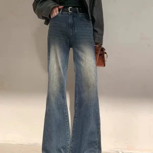 Vintage Wide Leg Blue Flare Jeans for Women - Y2k