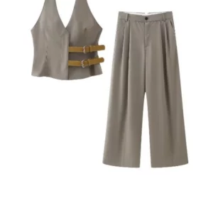 Vintage Women's Office Suit: V-neck Halter Vest & Wide Leg Pants Set