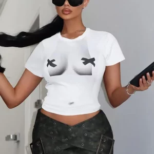 White 3D Body Print Women's Crop Top | Hipster O-Neck Tee