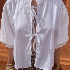 White Bow Lace-Up Women's Shirt | O-Neck Puff Sleeve Blouse | 2024 Spring Summer Fashion