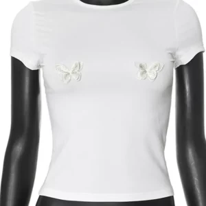 White Butterfly Print Women's Casual T-Shirt | Slim Fit O-Neck Tee for Summer 2024