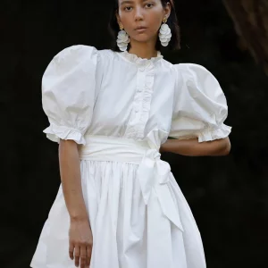 White Casual Loose Women's Dress with Stand Collar, Short Sleeve, and Lace-Up Waist