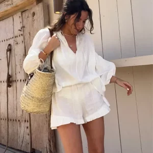 White Casual Short Suit for Women: V-neck Top & Ruffle Hem Shorts Set