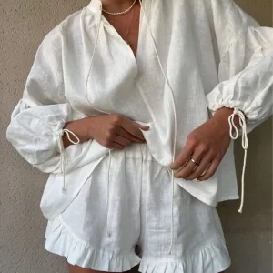 White Casual Short Suit for Women: V-neck Top & Ruffle Hem Shorts Set