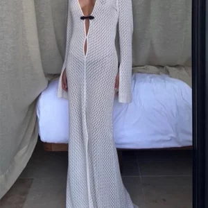 White Crochet Deep V-Neck Long Dress for Women, Beach Party Outfit