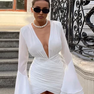 White Deep V-neck Pleated Mini Dress with Flare Sleeves - Elegant Party Clubwear