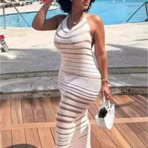 White Halter Lace-Up Backless Maxi Dress | Knitted Striped Bodycon | Women's Sexy Holiday Beachwear