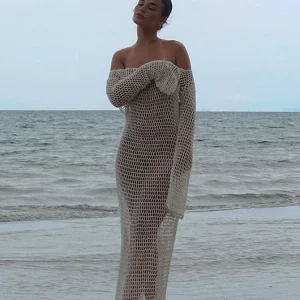 White Knit Beach Dress with Crochet Cover Up - Backless Maxi - Women's Summer Holiday Outfit