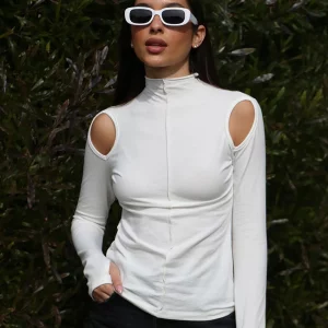 White Knitted Bodycon Turtleneck T-Shirt | 2024 Fashion | Long Sleeve Hollow Out Top for Women