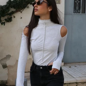 White Knitted Bodycon Turtleneck T-Shirt | 2024 Fashion | Long Sleeve Hollow Out Top for Women