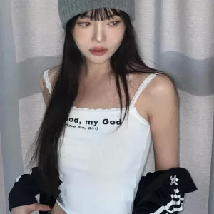 White Lace Letter Print Women's Edgy Y2K Streetwear Top