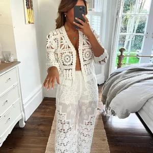 White Lace Two-Piece Set: V-Neck Cardigan & High Waist Pants - Women's Summer Streetwear