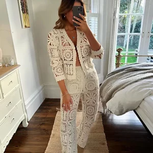 White Lace Two-Piece Set: V-Neck Cardigan & High Waist Pants - Women's Summer Streetwear