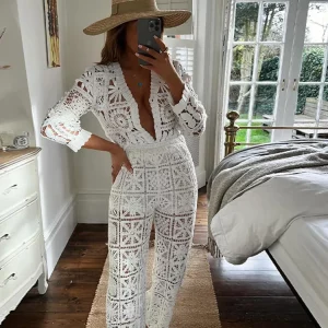 White Lace Two-Piece Set: V-Neck Cardigan & High Waist Pants - Women's Summer Streetwear