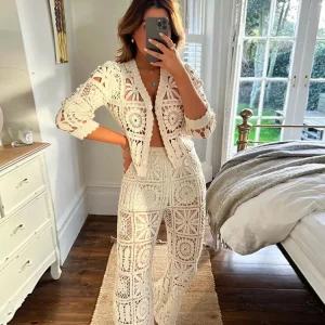 White Lace Two-Piece Set: V-Neck Cardigan & High Waist Pants - Women's Summer Streetwear