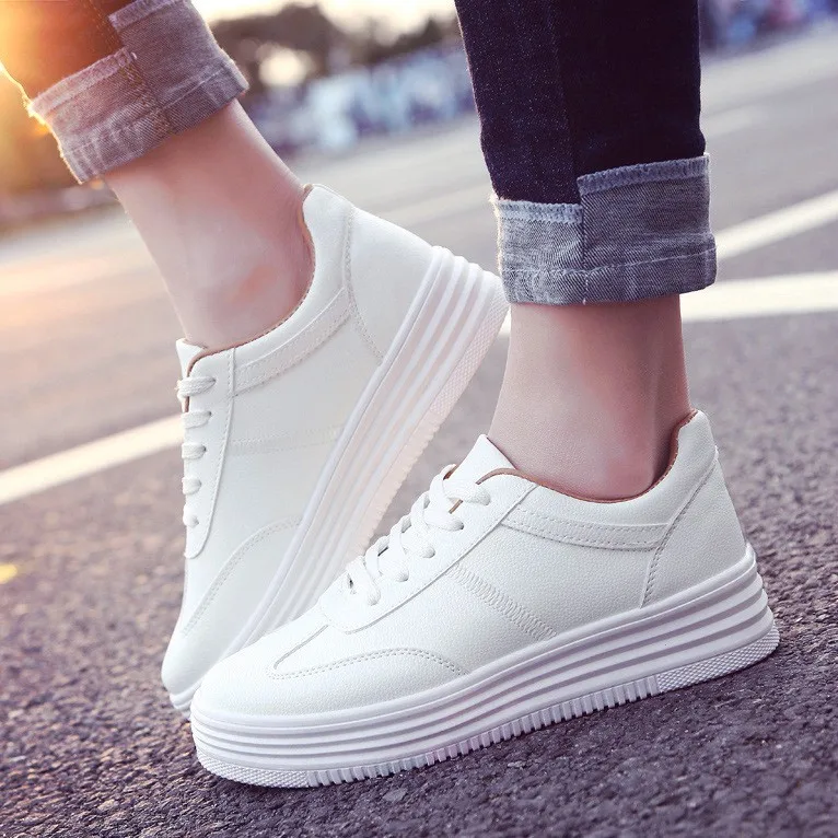 White Leather Platform Sneakers: Women's Trendy Casual Flats