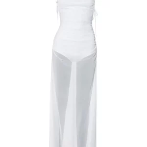 White Mesh Spaghetti Strap Maxi Dress - Backless High Split - Women's Fashion