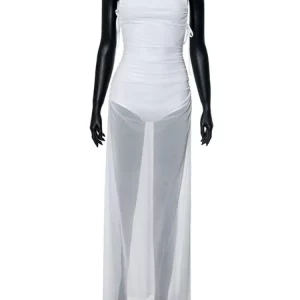 White Mesh Spaghetti Strap Maxi Dress - Backless High Split - Women's Fashion