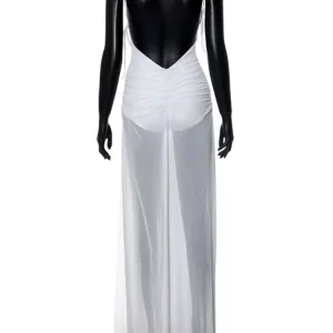 White Mesh Spaghetti Strap Maxi Dress - Backless High Split - Women's Fashion