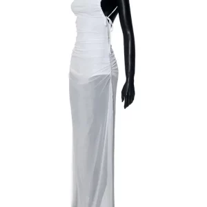 White Mesh Spaghetti Strap Maxi Dress - Backless High Split - Women's Fashion