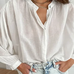 White O-neck Women's Blouse | Casual Button-Up Lantern Sleeve Top