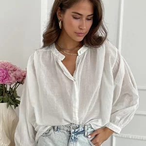 White O-neck Women's Blouse | Casual Button-Up Lantern Sleeve Top