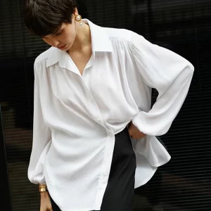 White Office Blouse 2024: Elegant Loose Fit Lapel Shirt