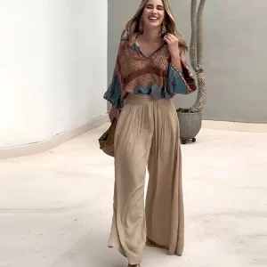 Wide Leg Pants and Top Set | V-neck Long Sleeve | High Waist Trousers | 2024 Spring Outfits