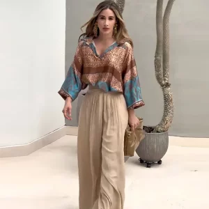 Wide Leg Pants and Top Set | V-neck Long Sleeve | High Waist Trousers | 2024 Spring Outfits